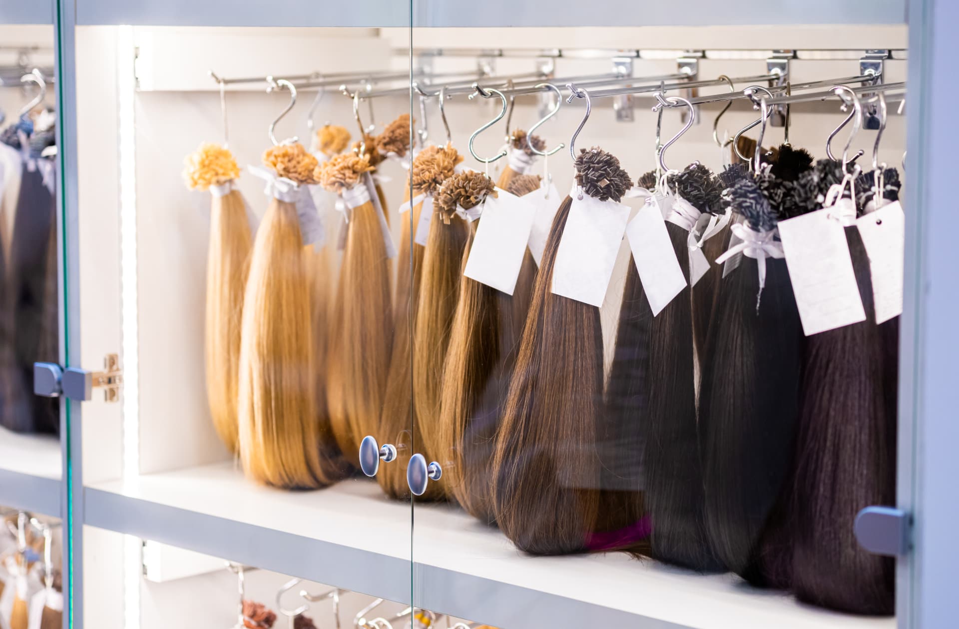 Tagged K-Tip and weft stock held in a labelled presentation cabinet