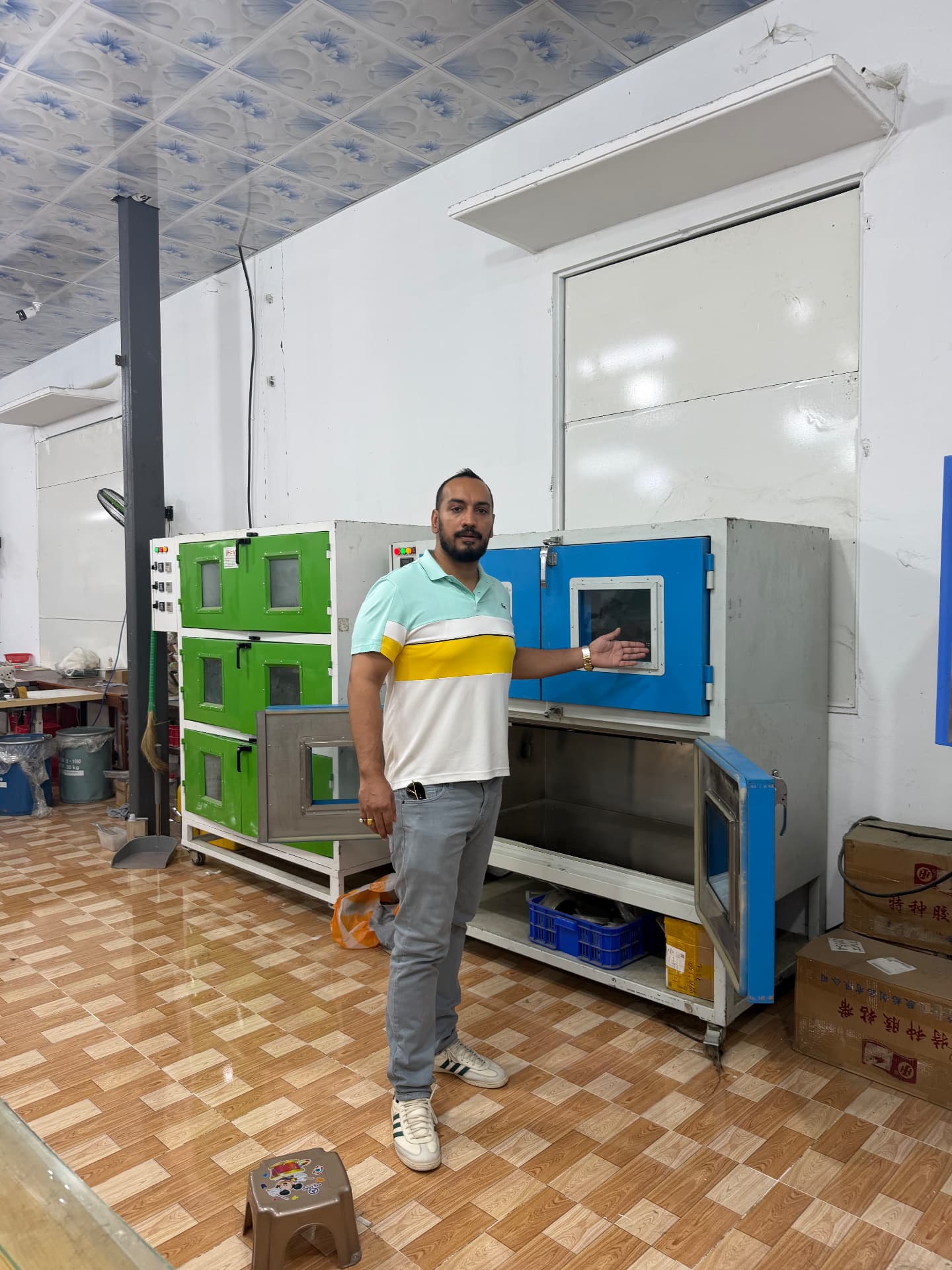 Temperature-controlled drying cabinets used to dry every lot slowly after bleaching and washing