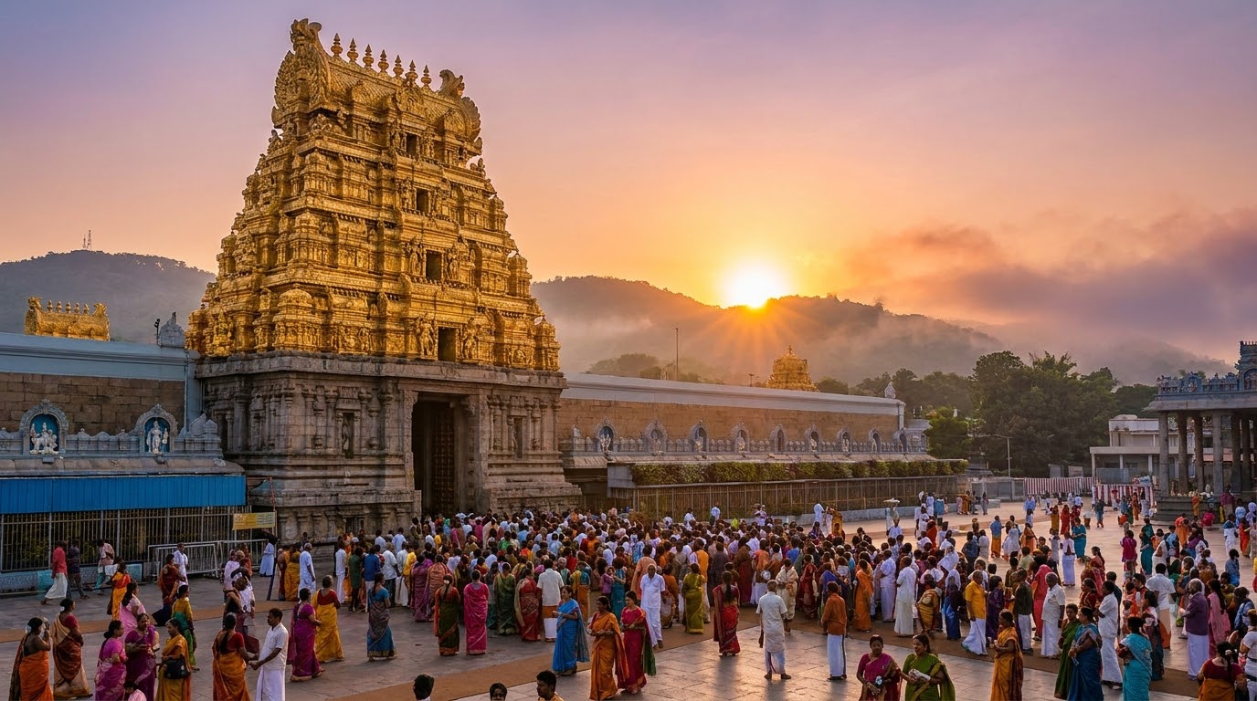 Tirumala temple at sunrise — where the hair we sell begins as an offering